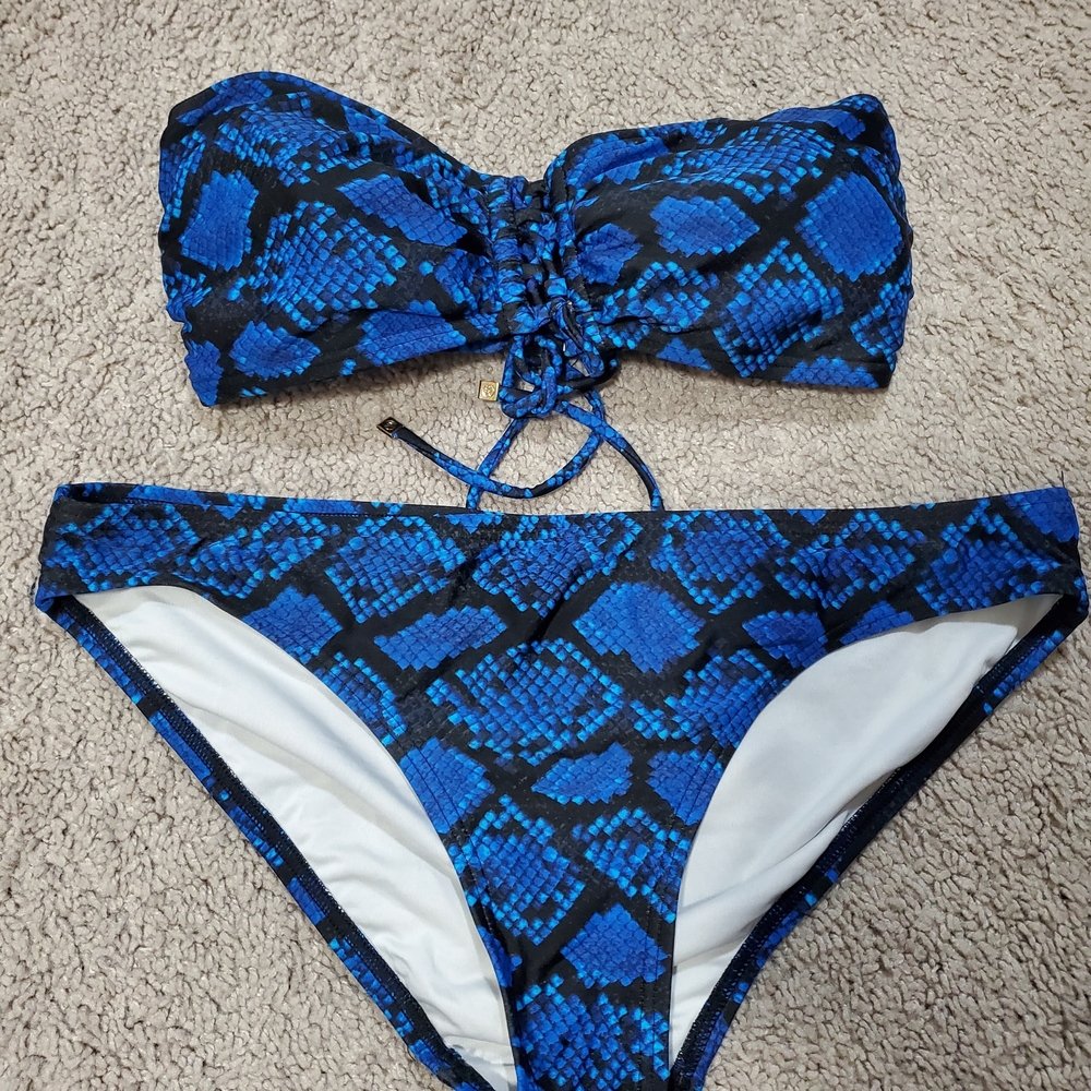 Michael Kors Blue Snake Print Strapless Bikini Set Size Medium